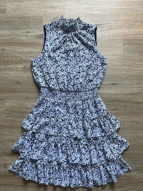 MSK Petite Navy and White Smocked Neck Floral Top